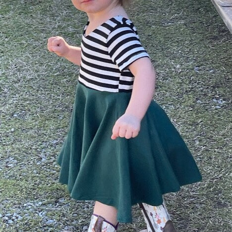 HUNTER GREEN with striped top Twirl Dress sleeve length in baby, toddler, and girls sizes