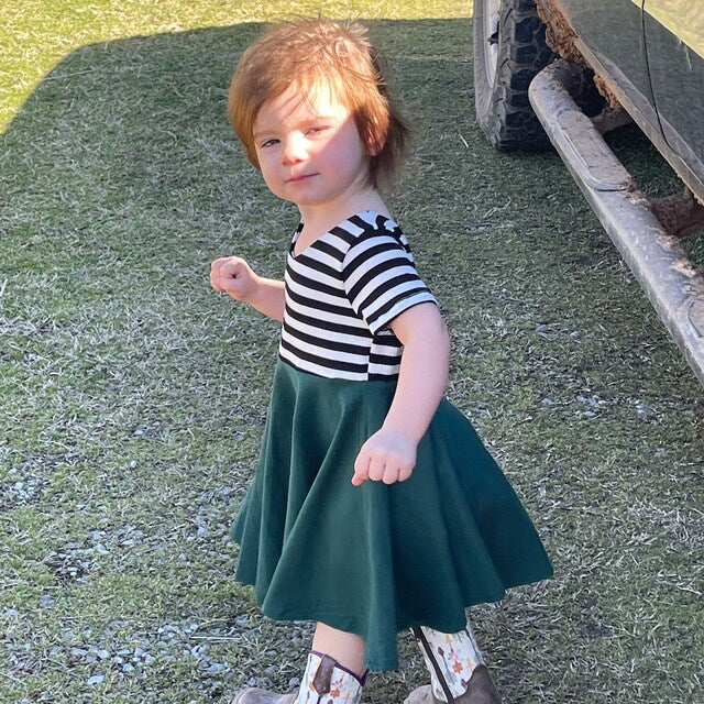 PINK with striped top Twirl Dress sleeve length in baby, toddler, and girls sizes