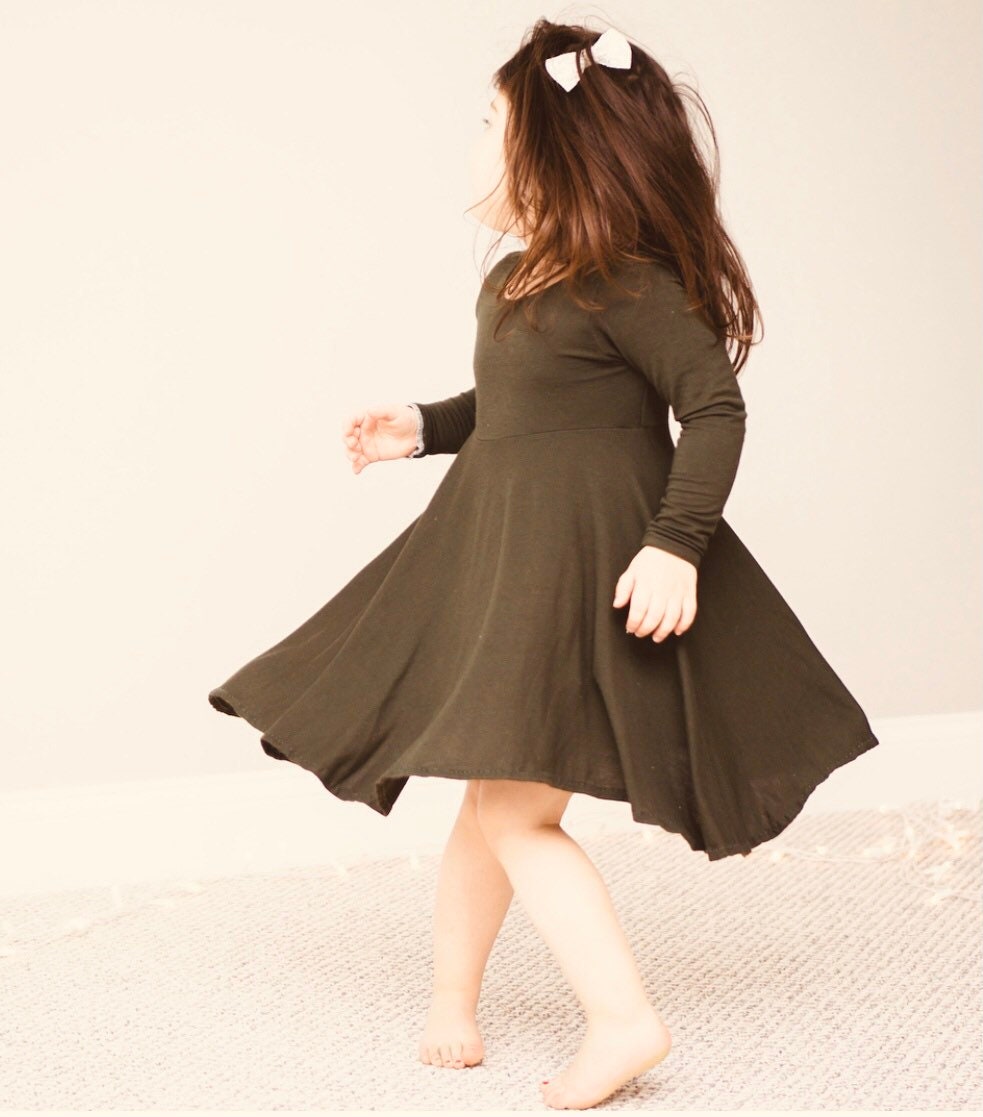 Olive Green Twirl Dress U-PICK Sleeve length in baby, toddler, and girls sizes