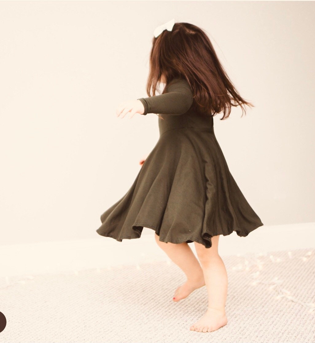 Olive Green Twirl Dress U-PICK Sleeve length in baby, toddler, and girls sizes