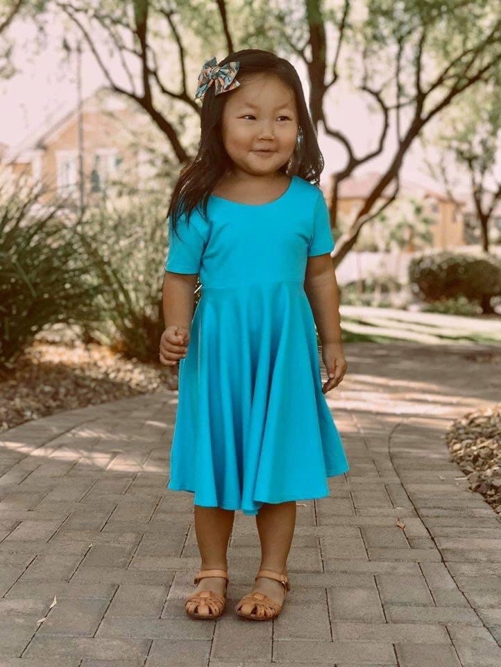 Aqua Blue Twirl Dress U-PICK Sleeve length in baby, toddler, and girls sizes