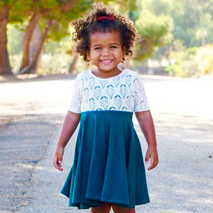 DARK TEAL Twirl Dress with Lace Top Twirl Dress U-PICK Sleeve length i Flax and Wool Threads DARK TEAL Twirl Dress with Lace Top Twirl Dress U-PICK Sleeve length i Flax and Wool Threads