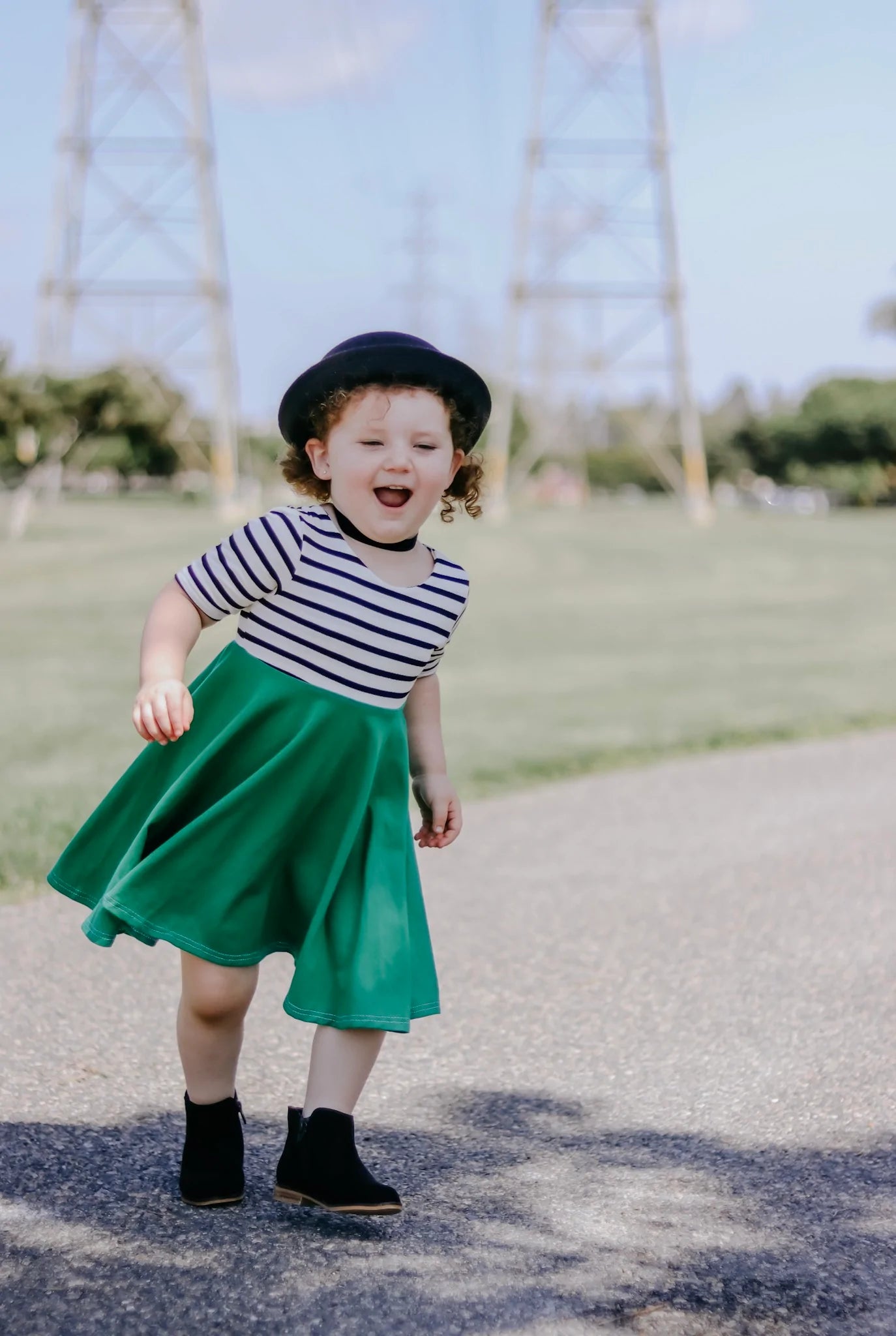 Kelly Green with striped top Twirl Dress sleeve length in baby, toddler, and girls sizes
