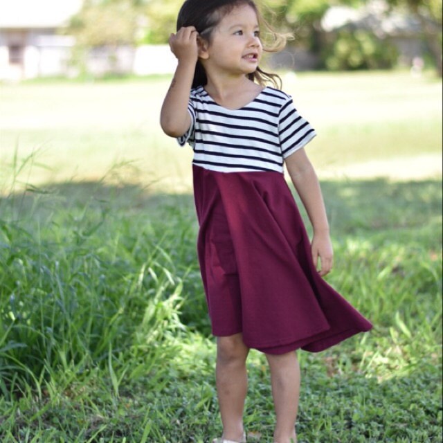 Burgundy with striped top Twirl Dress sleeve length in baby, toddler, and girls sizes