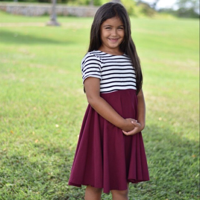 Burgundy with striped top Twirl Dress sleeve length in baby, toddler, and girls sizes