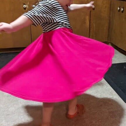 HOT Pink with striped top Twirl Dress sleeve length in baby, toddler, and girls sizes