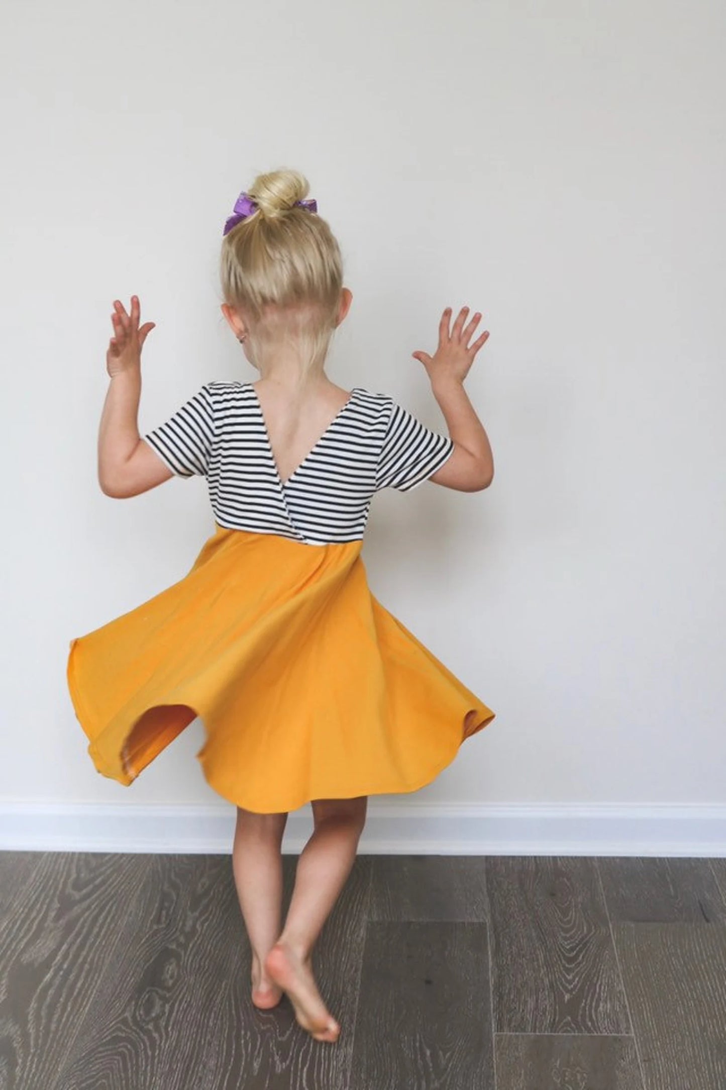 Mustard with striped top Twirl Dress sleeve length in baby, toddler, and girls sizes
