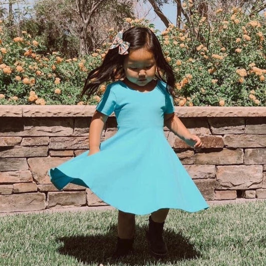 Aqua Blue Twirl Dress U-PICK Sleeve length in baby, toddler, and girls sizes