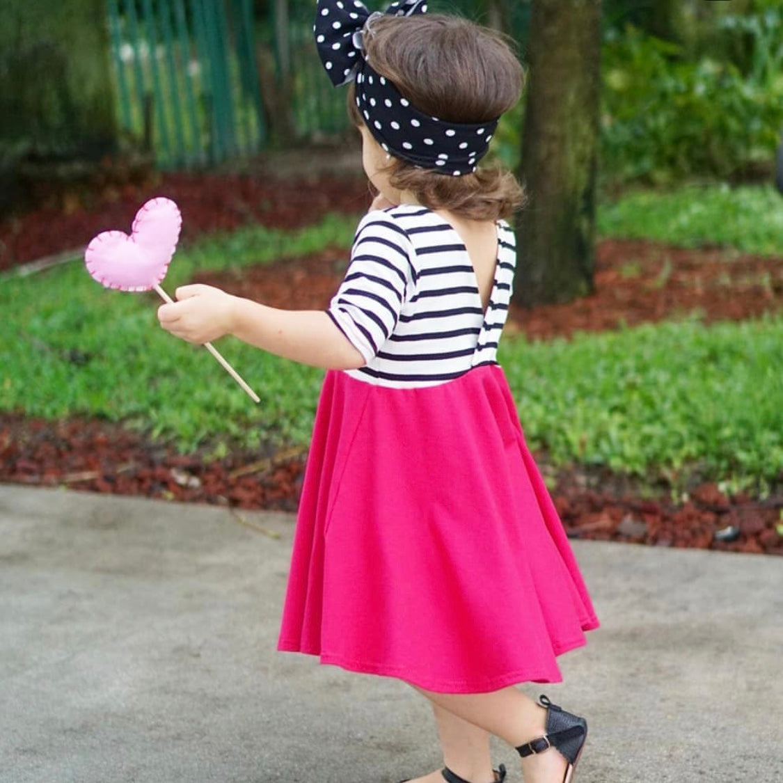 WHITE with striped top Twirl Dress sleeve length in baby, toddler, and girls sizes