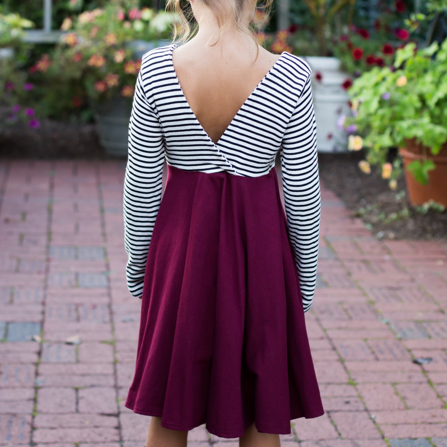 Burgundy with striped top Twirl Dress sleeve length in baby, toddler, and girls sizes