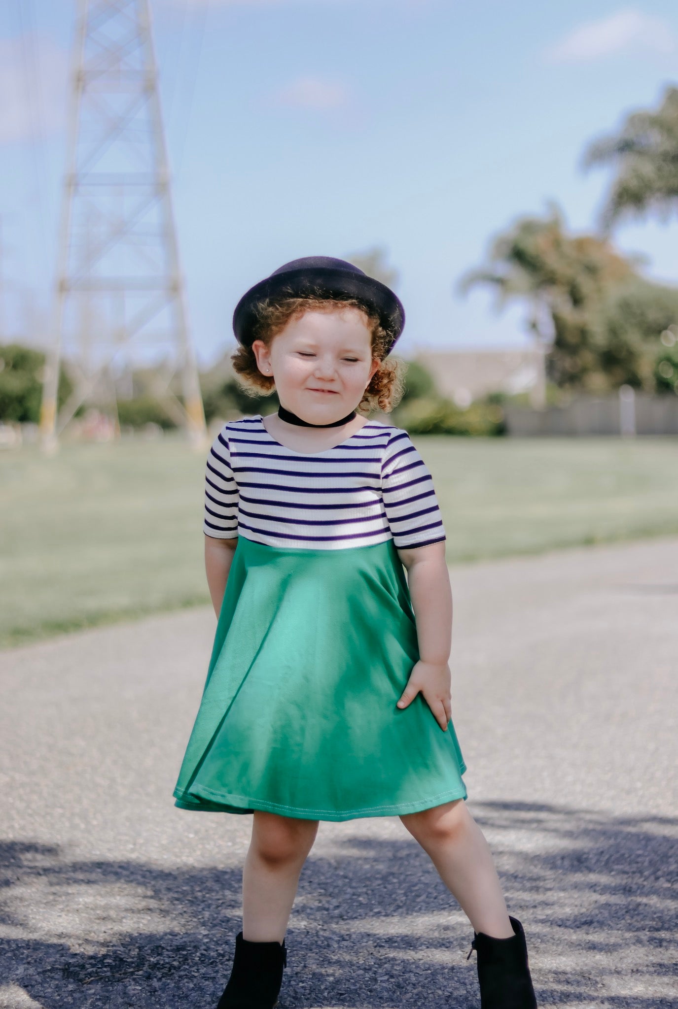 MAGENTA PINK with striped top Twirl Dress sleeve length in baby, toddler, and girls sizes