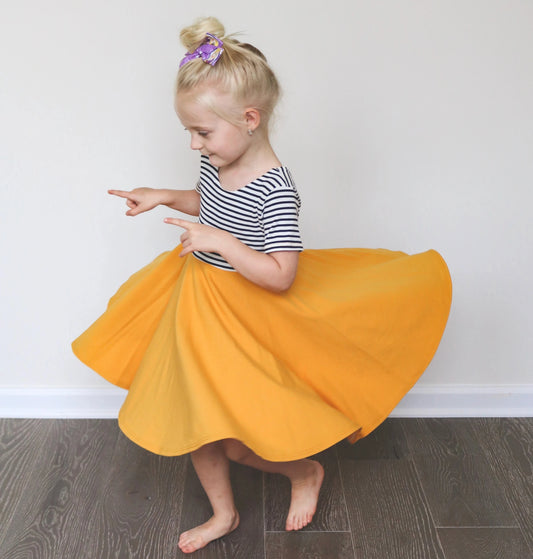 Mustard with striped top Twirl Dress sleeve length in baby, toddler, and girls sizes