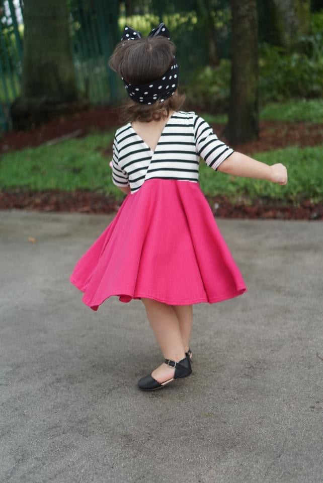 NAVY with striped top Twirl Dress sleeve length in baby, toddler, and girls sizes