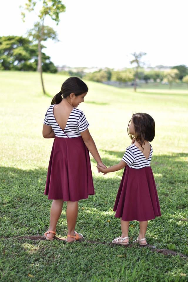 NAVY with striped top Twirl Dress sleeve length in baby, toddler, and girls sizes