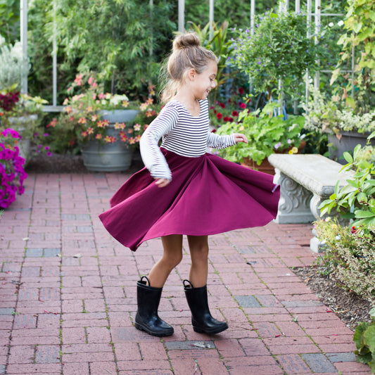 Burgundy with striped top Twirl Dress sleeve length in baby, toddler, and girls sizes