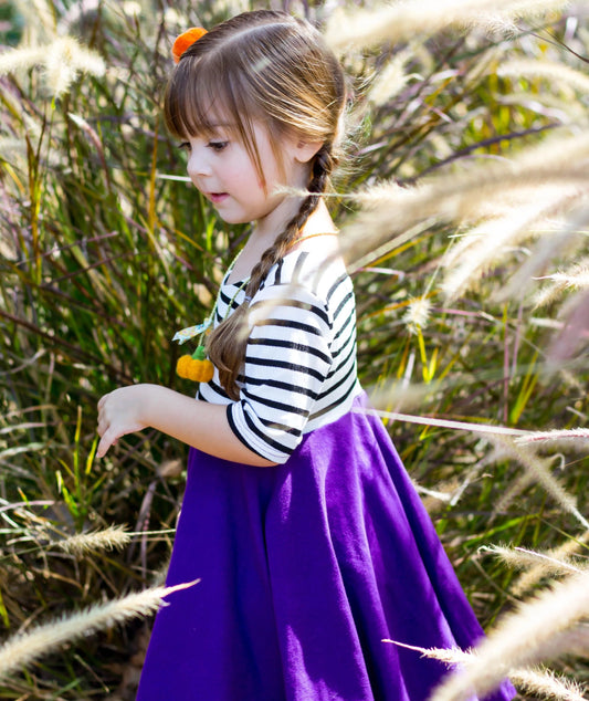 Purple with striped top Twirl Dress sleeve length in baby, toddler, and girls sizes