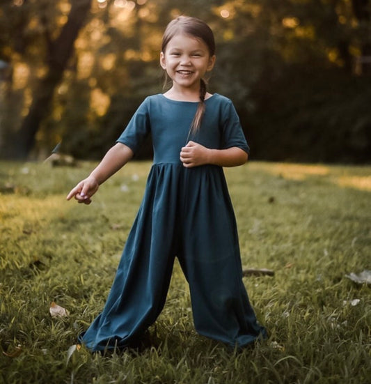 DARK TEAL Wide leg jumpsuit U Pick Sleeve length for babies, toddlers, and girls sizes