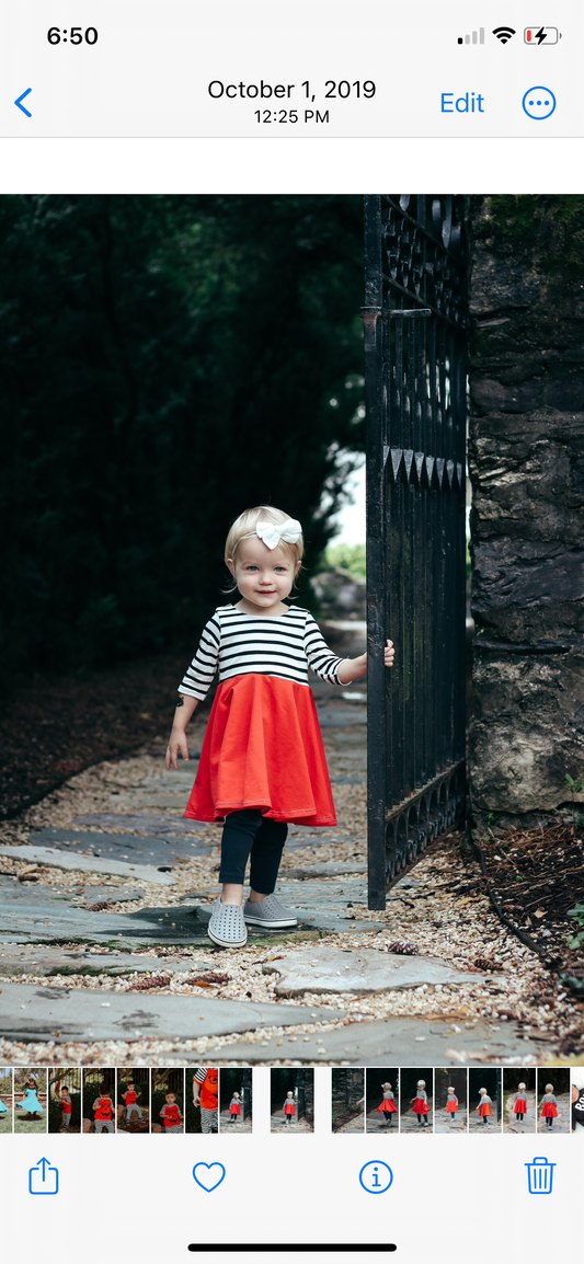 ORANGE with striped top Twirl Dress sleeve length in baby, toddler, and girls sizes