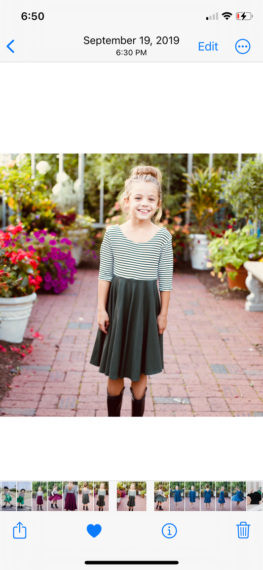 OLIVE with striped top Twirl Dress sleeve length in baby, toddler, and girls sizes