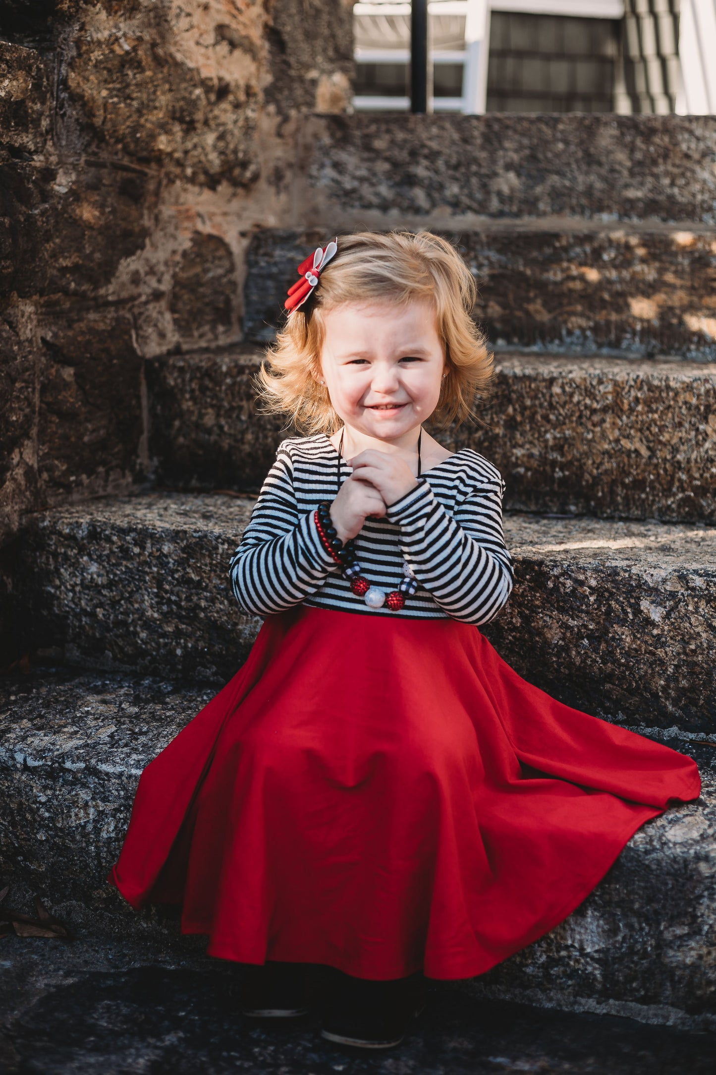 BLUSH PINK with striped top Twirl Dress sleeve length in baby, toddler, and girls sizes