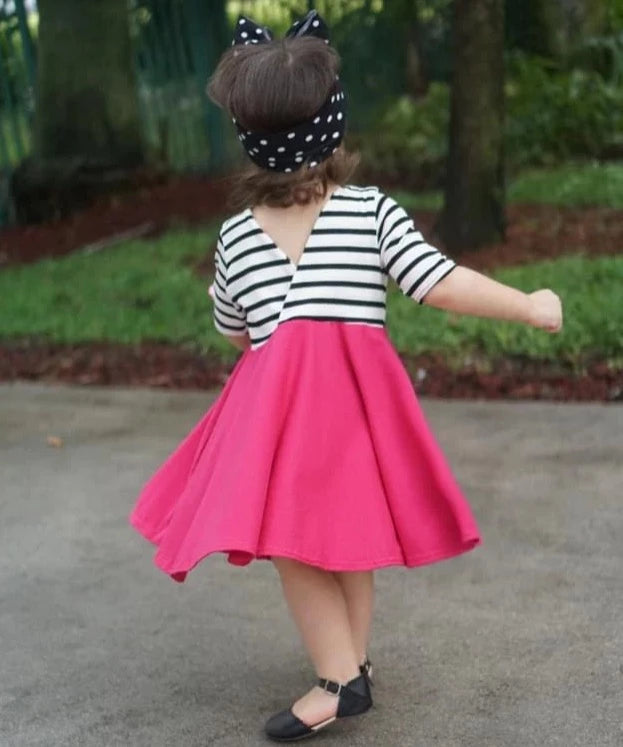 HOT Pink with striped top Twirl Dress sleeve length in baby, toddler, and girls sizes