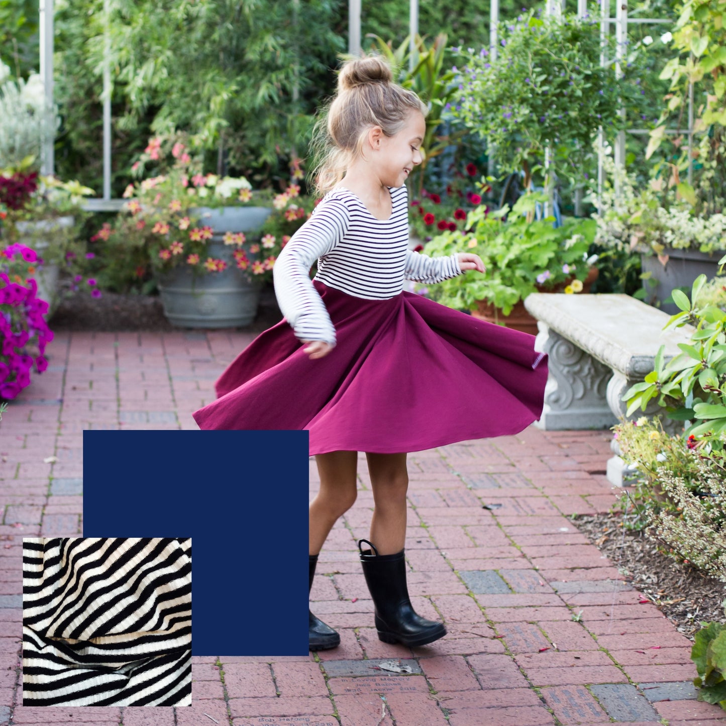 NAVY with striped top Twirl Dress sleeve length in baby, toddler, and girls sizes