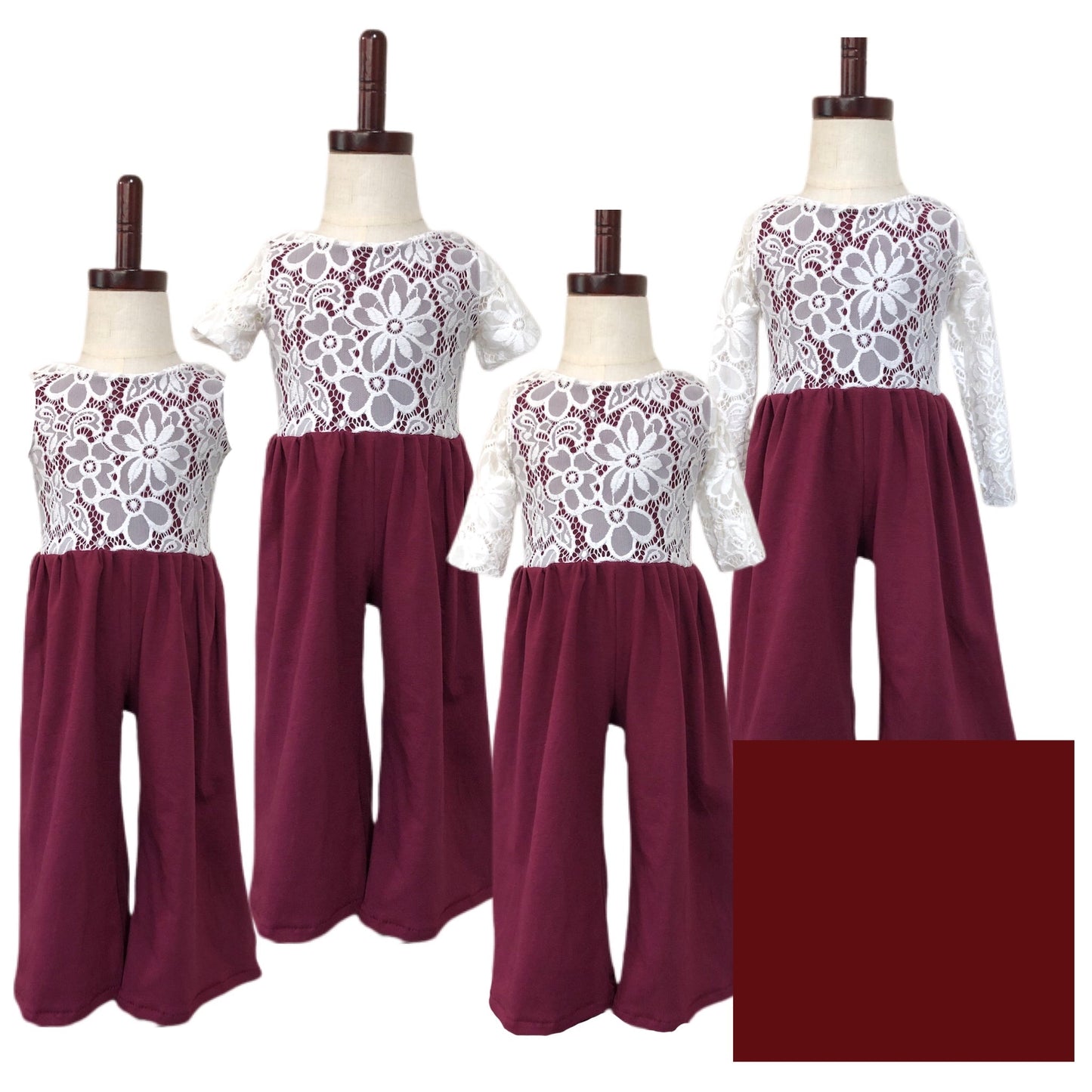 BURGUNDY jumpsuit with lace detail Wide leg jumpsuit U Pick Sleeve length for babies, toddlers, and girls sizes