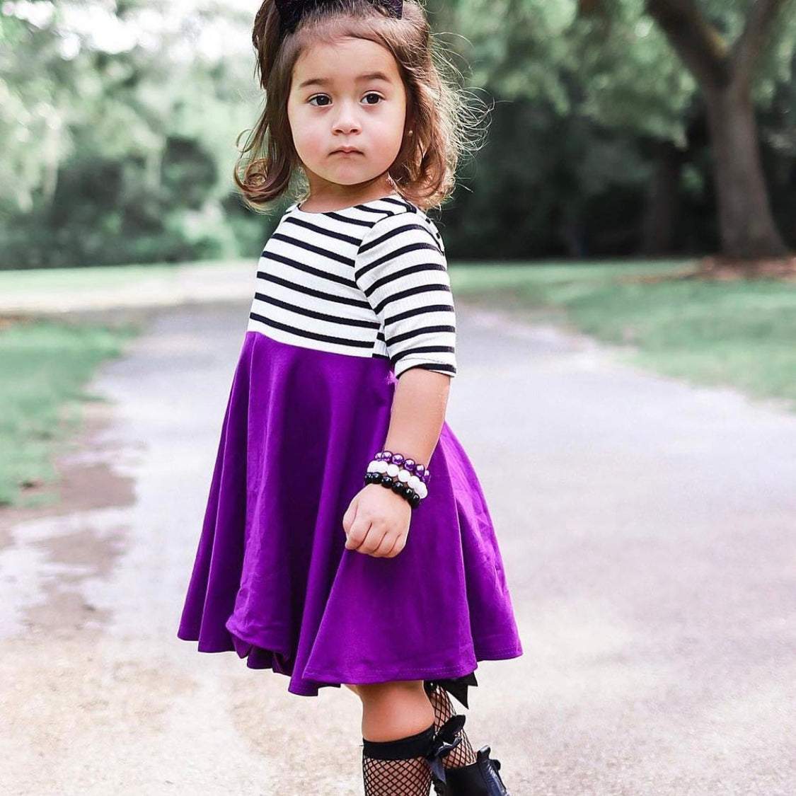 DARK TEAL with striped top Twirl Dress sleeve length in baby, toddler, and girls sizes