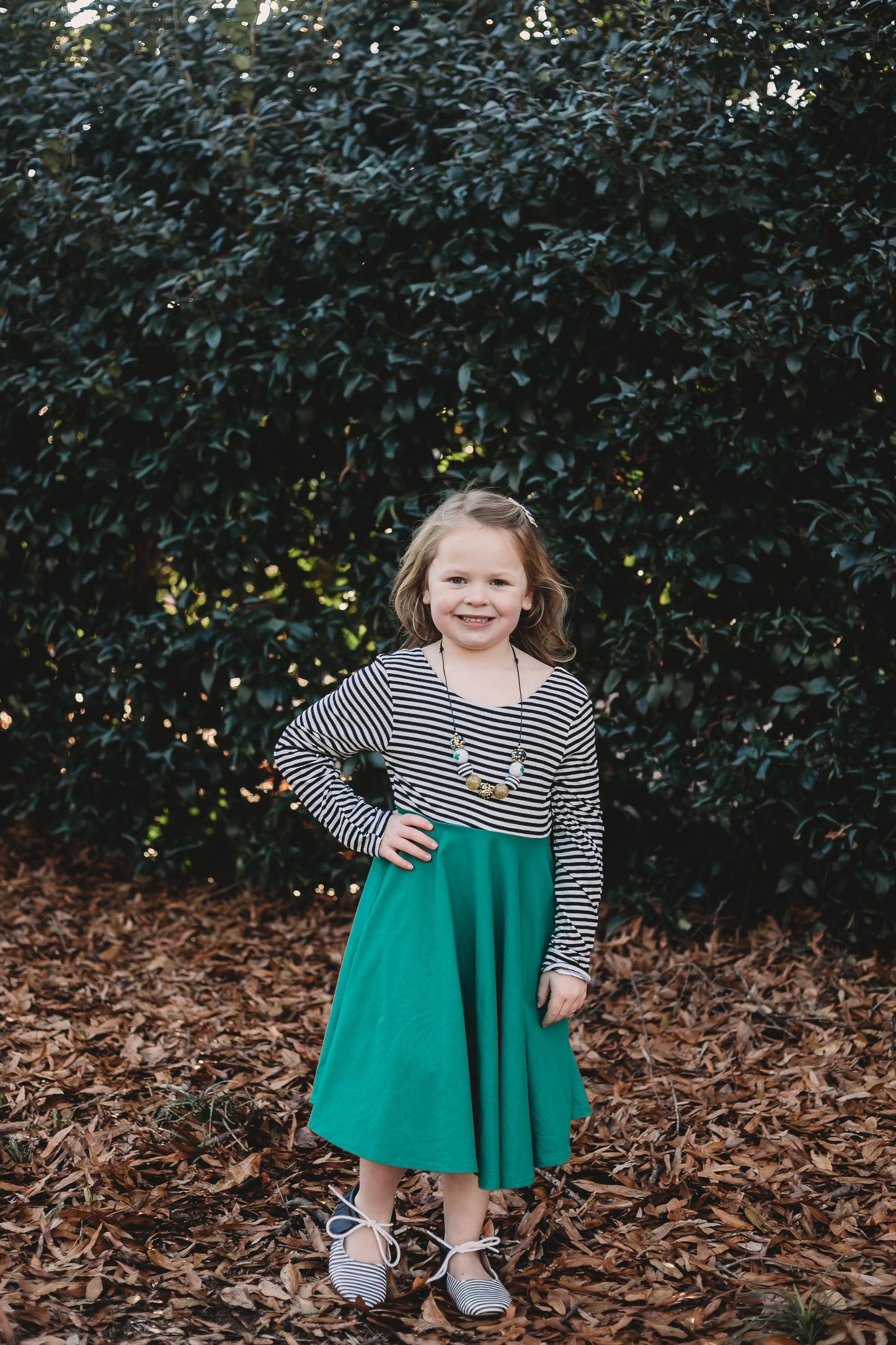 Kelly Green with striped top Twirl Dress sleeve length in baby, toddler, and girls sizes