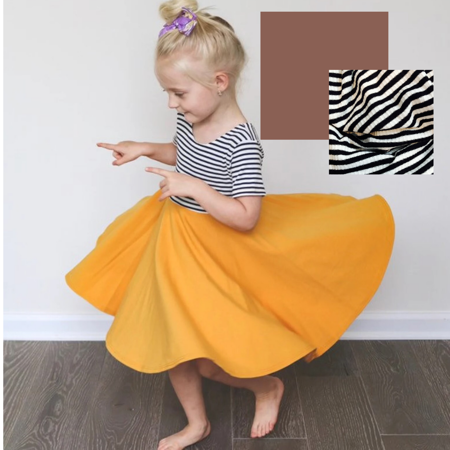 MOCHA BROWN with striped top Twirl Dress sleeve length in baby, toddler, and girls sizes