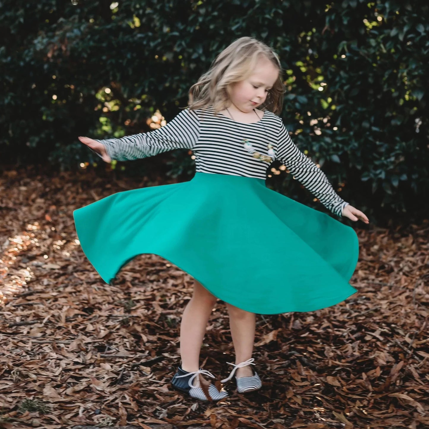 MOCHA BROWN with striped top Twirl Dress sleeve length in baby, toddler, and girls sizes