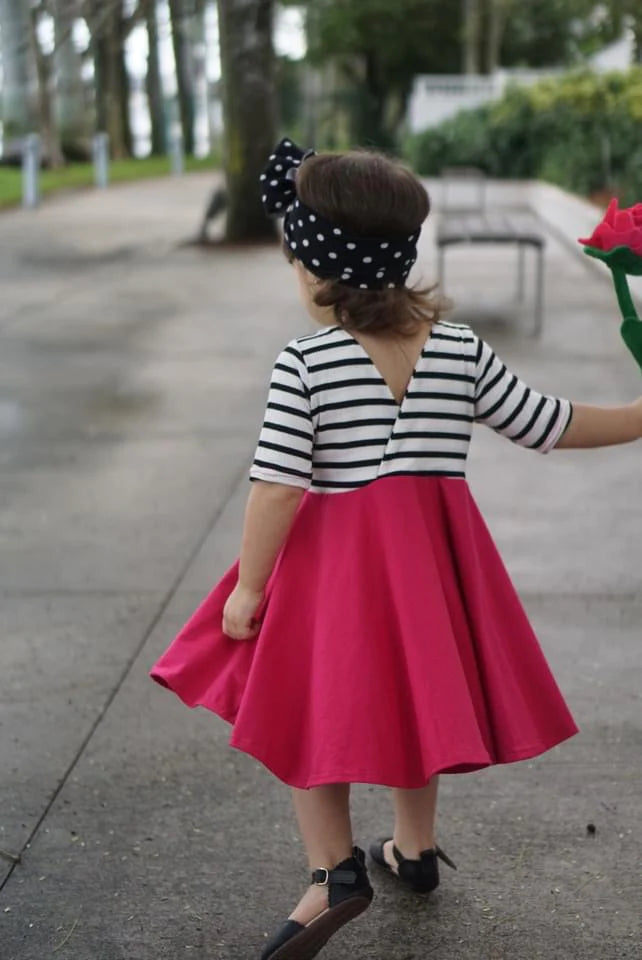 HOT Pink with striped top Twirl Dress sleeve length in baby, toddler, and girls sizes