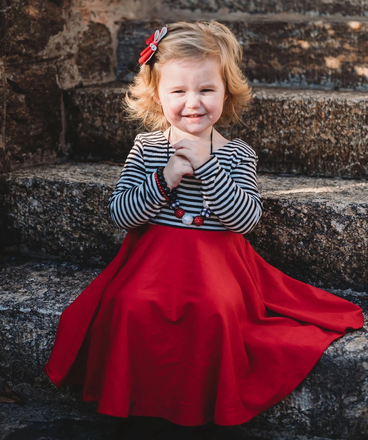 Red with Whites Stripe Top Twirl Dress sleeve length in baby, toddler, and girls sizes