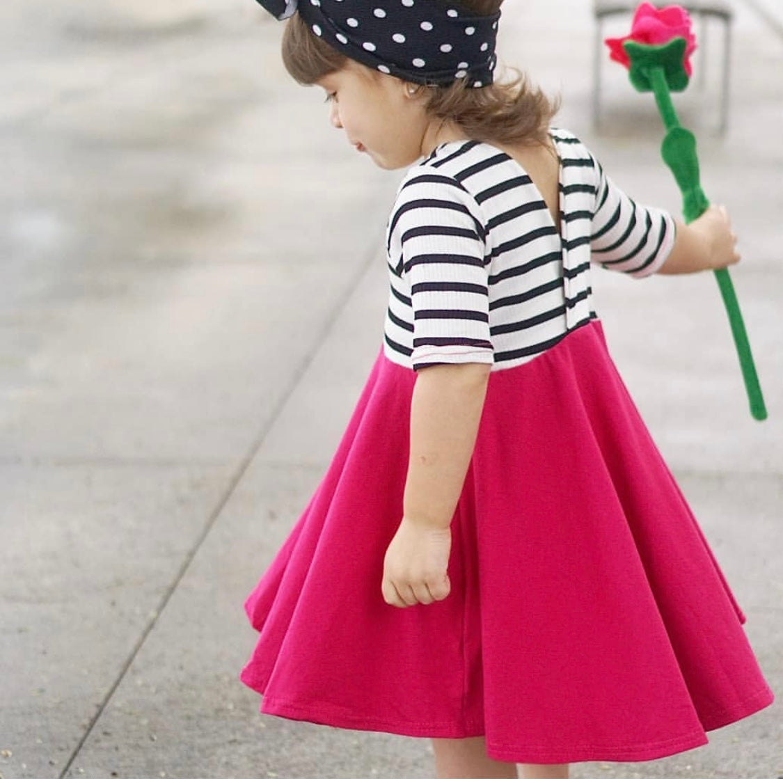 CORAL PINK with Whites Stripe Top Twirl Dress sleeve length in baby, toddler, and girls sizes