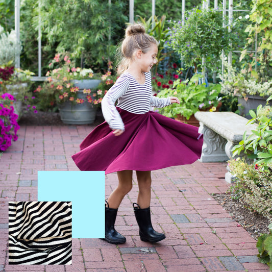 BABY BLUE with striped top Twirl Dress sleeve length in baby, toddler, and girls sizes